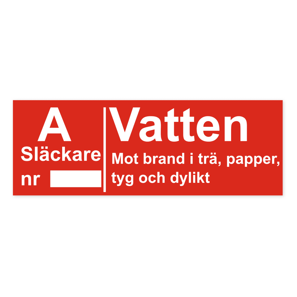 Brandsläckare - Vatten (A): Mot brand i trä, papper, tyg och dylikt-skylten har storleken 297x105mm och tillverkas i materialet Dekal. Denna standardskylt kan anpassas så att du kan skapa din egen version av skylten.